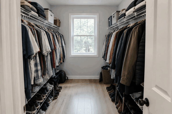Animated example of an existing closet transformed into a custom design with drawers, shelving and lighting