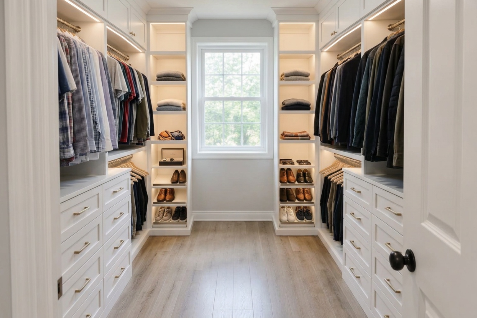 Custom walk-in closet with organized shelving, drawers and hanging space