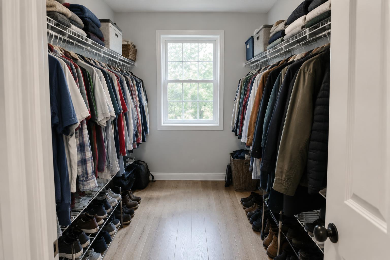 Illustrative walk-in closet with crowded wire shelving before renovation